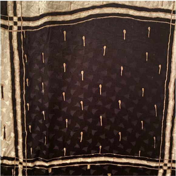 Vintage Large Silk Scarf Cream Black Gold Geometric Hand Rolled Edges 33” x 55" - Picture 3 of 9